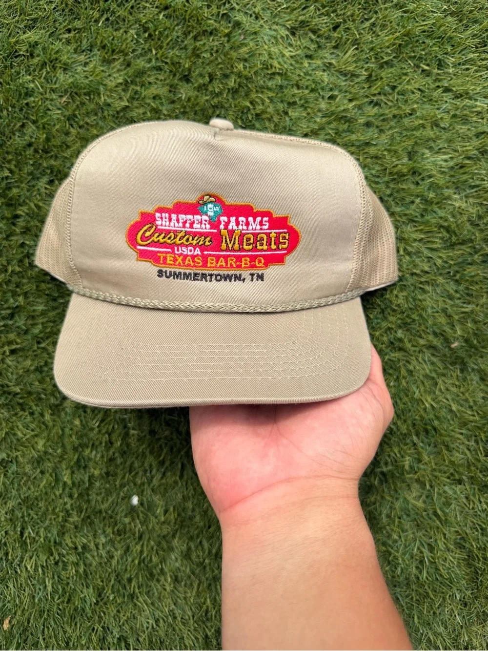 Custom Meats Tan Trucker Hat with Embroidered Logo